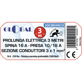 3m EXTENSION CORD 16A PLUG 10/16A SOCKET 3x1mm SECTION WHITE