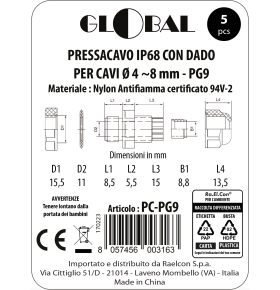 CABLE GLAND WITH PG9 NUT IP68 BAG OF 5 PCS