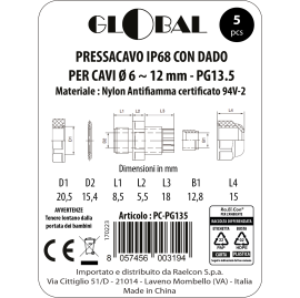 CABLE GLAND WITH PG13.5 NUT IP68 BAG OF 5 PCS