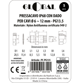 CABLE GLAND WITH PG13.5 NUT IP68 BAG OF 5 PCS