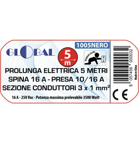 5m EXTENSION CORD 16A PLUG 10/16A SOCKET 3x1mm SECTION BLACK