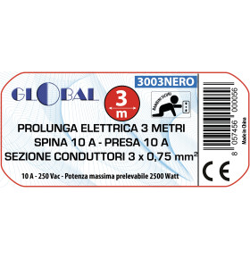 3m EXTENSION CORD 10A PLUG 10A SOCKET 3x0.75mm SECTION BLACK