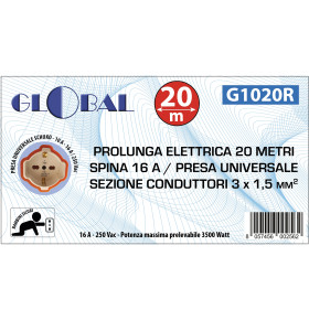 GARDEN EXTENSION CORD 16A PLUG 10/16A+SCHUKO SOCKET 3x1.5mm SECTION 20m RED