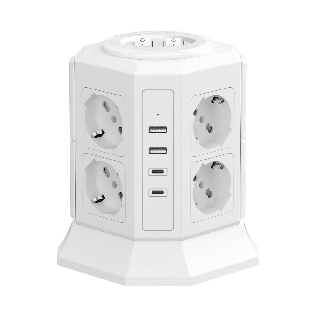 8-OUTLET TOWER POWER STRIP 2 USB-A 2 USB-C 1.5m CABLE 16A PLUG WHITE