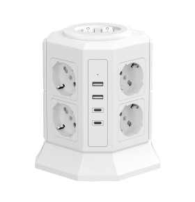 8-OUTLET TOWER POWER STRIP 2 USB-A 2 USB-C 1.5m CABLE 16A PLUG WHITE
